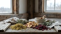 Rustic wooden table with dried herbs, spices, tea cup and natural ingredients in cozy kitchen interior with window light for cooking and wellness concepts.