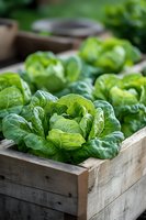 Fresh organic lettuce heads in rustic wooden box, showing crisp green leaves with natural texture and veining. Farm-to-table produce for healthy eating concept.