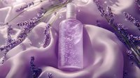 Lavender-infused cosmetic bottle on silky purple fabric with fresh aromatic flowers creating luxurious spa and wellness composition for beauty product photography.