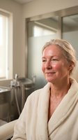 Mature Caucasian woman in white bathrobe relaxing in modern bathroom with natural light. Wellness, self-care and spa lifestyle concept for middle-aged adults.