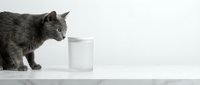 Gray tabby cat drinking fresh milk from white glass on clean surface against minimalist background for pet care and nutrition concepts.