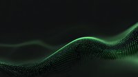 Glowing green particle wave formation on dark background creates dynamic flowing motion effect for technology and digital concepts.