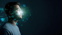 Young bearded man in profile with digital technology interface overlay on dark background representing artificial intelligence and future innovation.