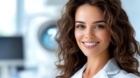 Young professional woman with curly brown hair smiling confidently in modern medical office environment for healthcare and business presentations.