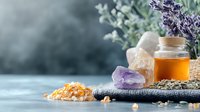 Healing crystals with honey jar, amethyst, pink salt and lavender on blue background. Wellness and alternative medicine concept for spa and meditation.