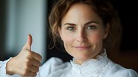 Young Caucasian woman in white blouse showing thumbs up gesture with positive friendly smile, looking at camera against blurred background. Professional business portrait.