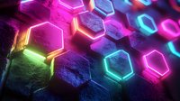 Glowing neon hexagons on dark textured surface create futuristic pattern with vibrant pink, blue and green lights casting colorful illumination in modern tech style.