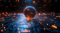 Glowing digital sphere with circuit grid lines and orange particles floating in dark space, futuristic technology concept with blue light trails and bokeh effect.
