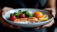 Grilled salmon fillet served with white rice, fresh strawberries, citrus, and green salad on ceramic plate. Healthy balanced meal with omega-3 rich fish.