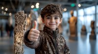 Young boy with brown hair showing thumbs up gesture while visiting museum exhibition, wearing casual jacket, natural smile, blurred background with artifacts.