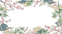 Asian-inspired floral frame with cherry blossoms, bamboo leaves and traditional cloud motifs on white background for spring design projects.