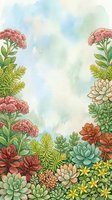 Watercolor botanical frame with succulents, carnations and ferns on soft pastel background for wedding invitations and greeting cards.