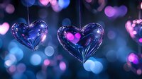 Glowing crystal hearts with pink hearts inside hanging against blurred blue and purple bokeh background create romantic Valentine day atmosphere.