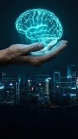 Male hand holding glowing turquoise brain hologram above night cityscape. Concept for artificial intelligence, innovation, technology, neuroscience research, digital transformation, and smart solutions.