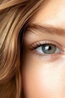 Close-up view of green eye with long natural eyelashes and blonde hair fragment, showing clean skin texture and natural beauty makeup look for cosmetic advertising.