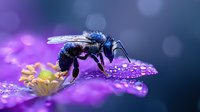 Detailed macro shot of carpenter bee collecting nectar on purple flower petal with morning dew drops, against blurred bokeh background. Nature photography.