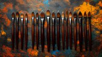 Professional art brushes arranged in row on dark textured background with orange and blue paint splatters. Artistic equipment composition for painters and designers.