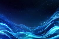 Glowing blue waves flow against dark starry background creating dynamic abstract composition with luminous particles and smooth curved lines.