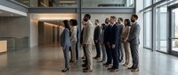 Diverse business professionals networking in modern office lobby with large windows and contemporary architecture for corporate meetings.