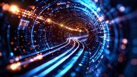 Futuristic tunnel with glowing blue and orange light trails creating dynamic motion effect through digital cyber space, abstract technology background.