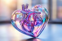 Iridescent glass heart with anatomical details in purple and pink hues against blurred background, featuring holographic reflections and medical science aesthetic.