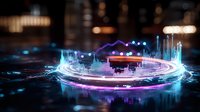 Futuristic holographic data visualization with glowing charts and graphs floating above digital platform in cyberpunk style tech environment.