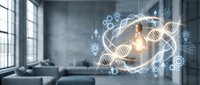 Innovation concept with glowing lightbulb surrounded by digital network icons and data visualization in modern office interior for technology presentations.