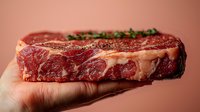 Raw ribeye steak with fresh herbs held in hand against warm pink background, showcasing marbling and texture for food photography.