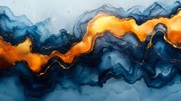 Abstract fluid art in deep navy blue and bright orange colors with wavy flowing lines creating dramatic contrast against white background, modern marble effect pattern.