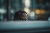 Professional African American businessman with glasses working at computer in modern office environment with shallow depth of field and urban background.