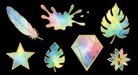 Watercolor pastel clipart set with feather, monstera leaves, star, diamond, flower, and paint splash, isolated on transparent background. Ready for stickers, t-shirt design, and print on demand.
