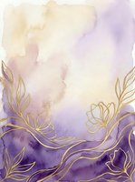 Watercolor background with purple and gold floral ornaments, soft pastel gradient transitioning from cream to lavender, isolated on white for design projects.