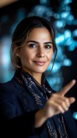 Young Hispanic businesswoman in navy blazer and sparkly scarf gesturing against blue bokeh background, expressing confidence and leadership in corporate setting.