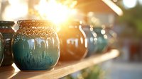Handcrafted ceramic pot with turquoise glaze on wooden shelf at sunset, soft golden light creates atmospheric mood in artisan pottery display.