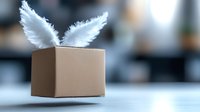 Floating cardboard box with white angel wings against blurred background, magical delivery concept for shipping and special service promotion.