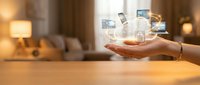 Hand holding digital devices and media icons floating above palm in warm home office setting, representing cloud computing, data storage, and wireless technology solutions.