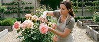 Woman in apron tending pink roses in garden nursery, caring for blooming flowers in outdoor plant cultivation setting.