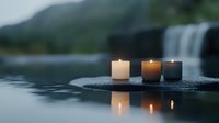 Glowing candles on wet stone near waterfall create serene spa atmosphere with reflections in calm water. Peaceful meditation and wellness background.