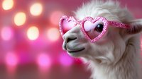 Playful white llama wearing pink heart-shaped glitter sunglasses against blurred bokeh background. Fun valentine concept with smiling alpaca face in close-up view.