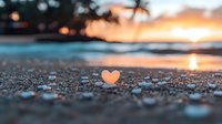 Heart-shaped pebble on sandy beach at sunset with ocean waves and palm trees silhouette in background, romantic tropical scene with golden light reflections.
