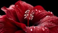 Vibrant red hibiscus flower with water droplets in macro view showing delicate stamen and pistil details against dark background, creating dramatic natural lighting effect.