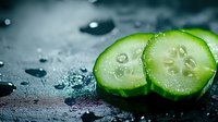 Fresh cucumber slices with water drops on dark background, macro shot showing translucent texture and natural organic produce for healthy eating concept.