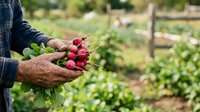 Farmer holding freshly harvested radishes in vegetable garden, agricultural produce and organic farming concept for food industry and agriculture marketing.