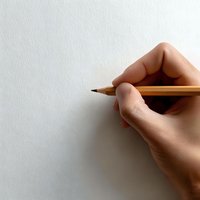Hand holding wooden pencil ready to write or draw on clean white paper surface for creative projects and artistic expression.