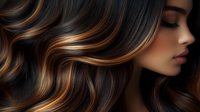 Young woman with luxurious dark wavy hair featuring caramel balayage highlights shown in profile view against dark background, eyes closed, demonstrating professional hair coloring.