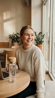 Happy young Caucasian woman in beige sweater sitting at wooden table with laptop and water bottle in bright modern cafe with natural sunlight streaming through windows.