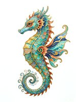 Ornate seahorse with turquoise, gold, and coral scales featuring intricate decorative patterns. Isolated clipart suitable for t-shirt designs, wall art, and graphic projects.