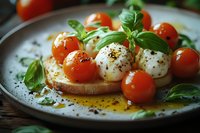 Fresh caprese salad with mozzarella balls, cherry tomatoes and basil leaves on rustic plate. Italian appetizer for restaurant menu and cooking blogs.