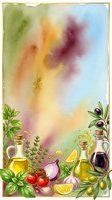Watercolor illustration of cooking ingredients and oils arranged at bottom with fresh herbs, tomatoes, onions, olives, and lemon slices against soft blended background in warm and cool tones.