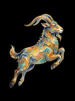 Ornate goat with curved horns in gold, blue, and orange decorative patterns, isolated on transparent background. Ready for t-shirts, clipart, stickers, and print-on-demand designs.